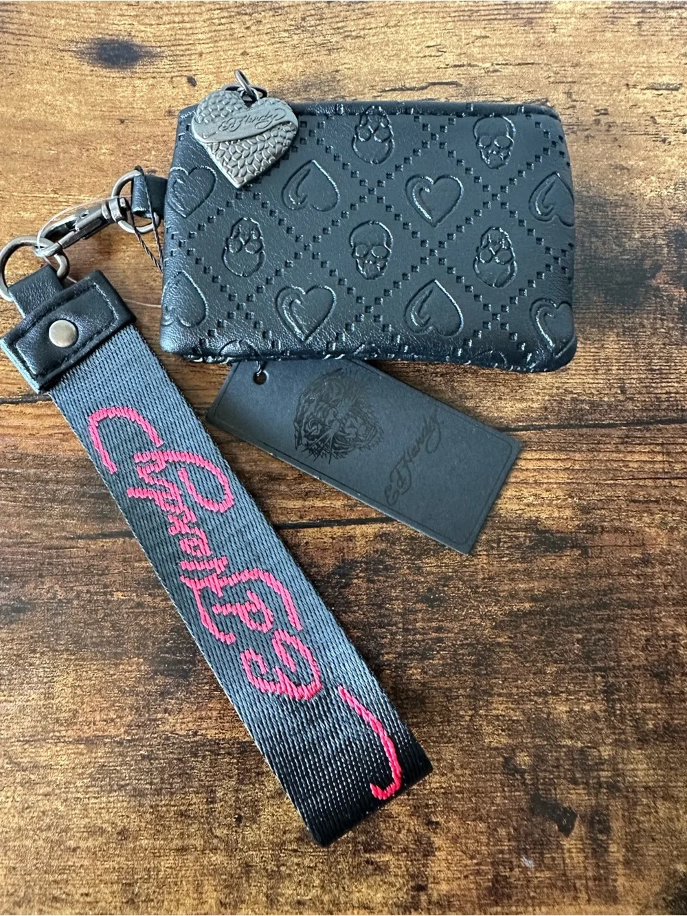 Ed Hardy Black Embossed Heart & Skull Wallet Pouch with Embroidered Wristlet NWT